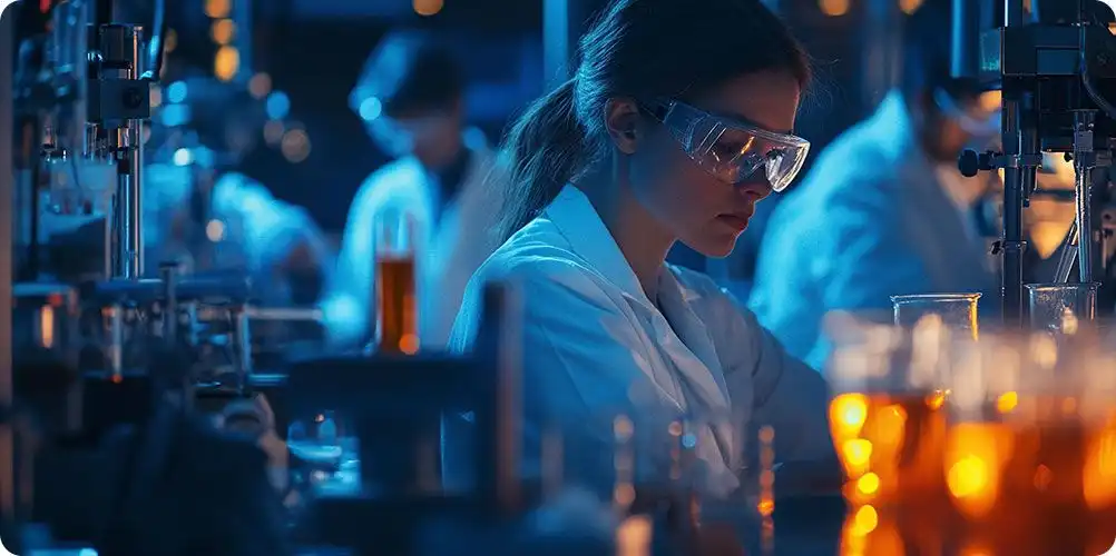 Scientist wearing safety goggles and lab coat working in a dimly lit laboratory surrounded by glassware with orange liquids and advanced equipment.