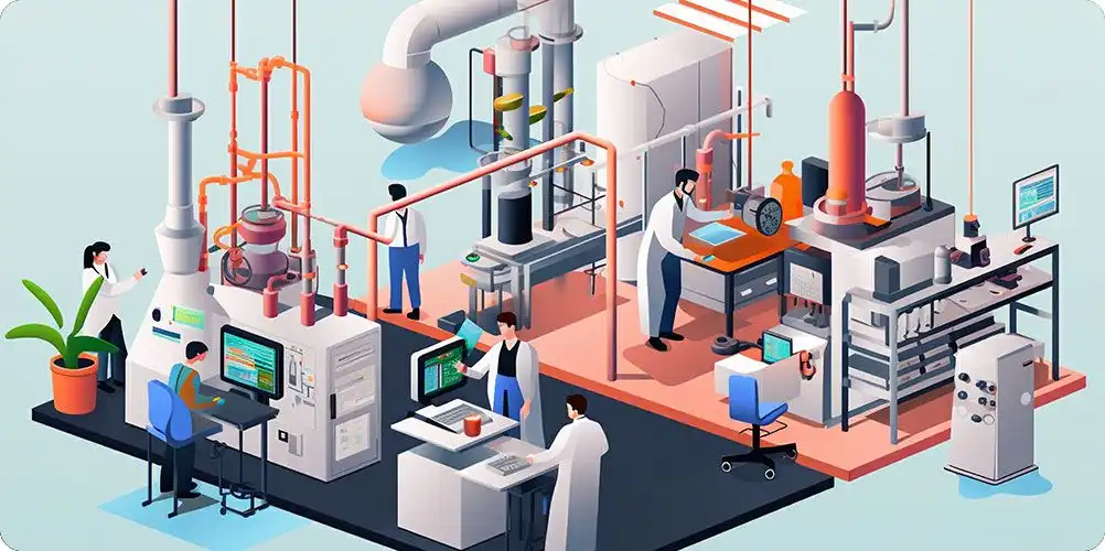 Technology collaborations photo showing engineers and IT professionals working together on computers in a high-tech lab.