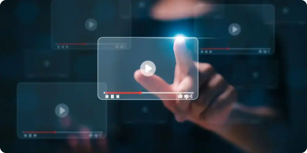 Virtual tours promotional banner showing a digital immersive experience with office interiors and navigation elements.