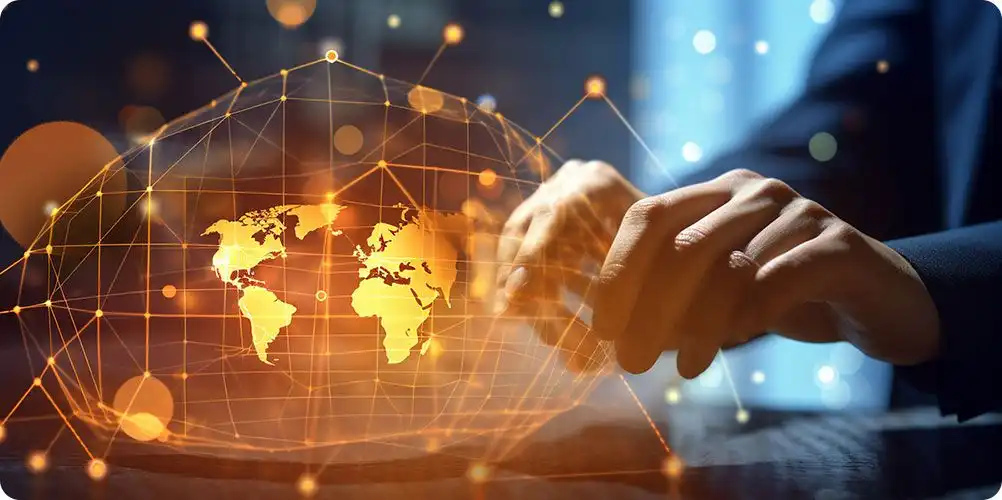 Exterior view of global headquarters building with glass facade and company signage.