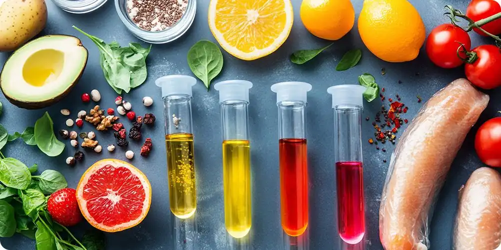 A conceptual image of laboratory fermentation, showing biotechnological processes for deriving vitamins and other nutrients.