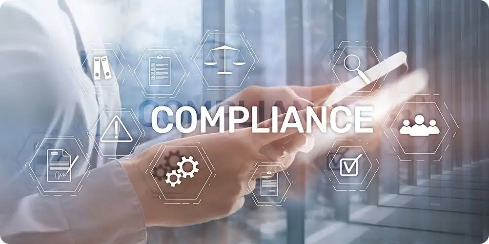 Regulatory compliance banner with a judge's gavel, legal documents, and compliance icons symbolizing legal adherence.