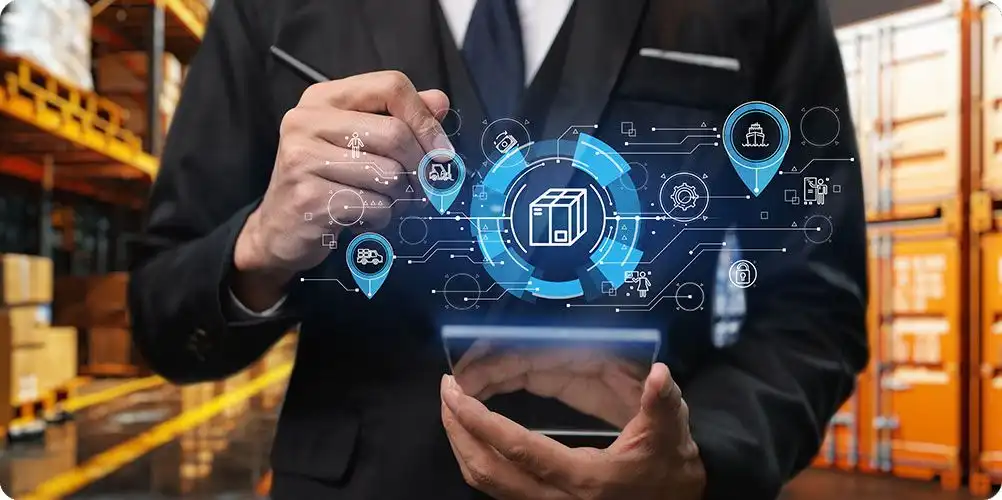Large warehouse interior featuring vast stacks of bulk products in wrapped sacks stored on blue and red pallets.