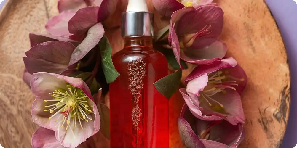A close-up image of delicate floral ingredients like rose petals or jasmine alongside vials of their concentrated absolutes.