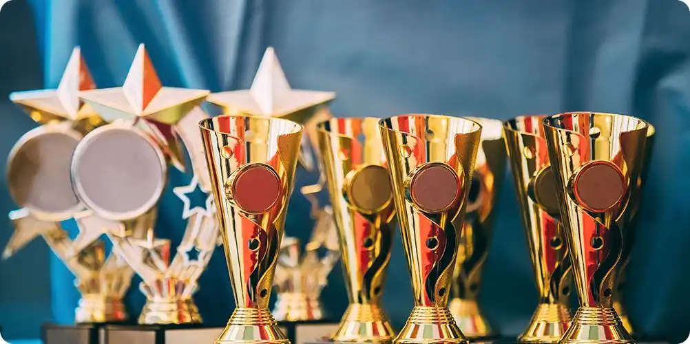 Awards and achievements banner showing trophies and certificates displayed on a shelf, symbolizing recognition and success.