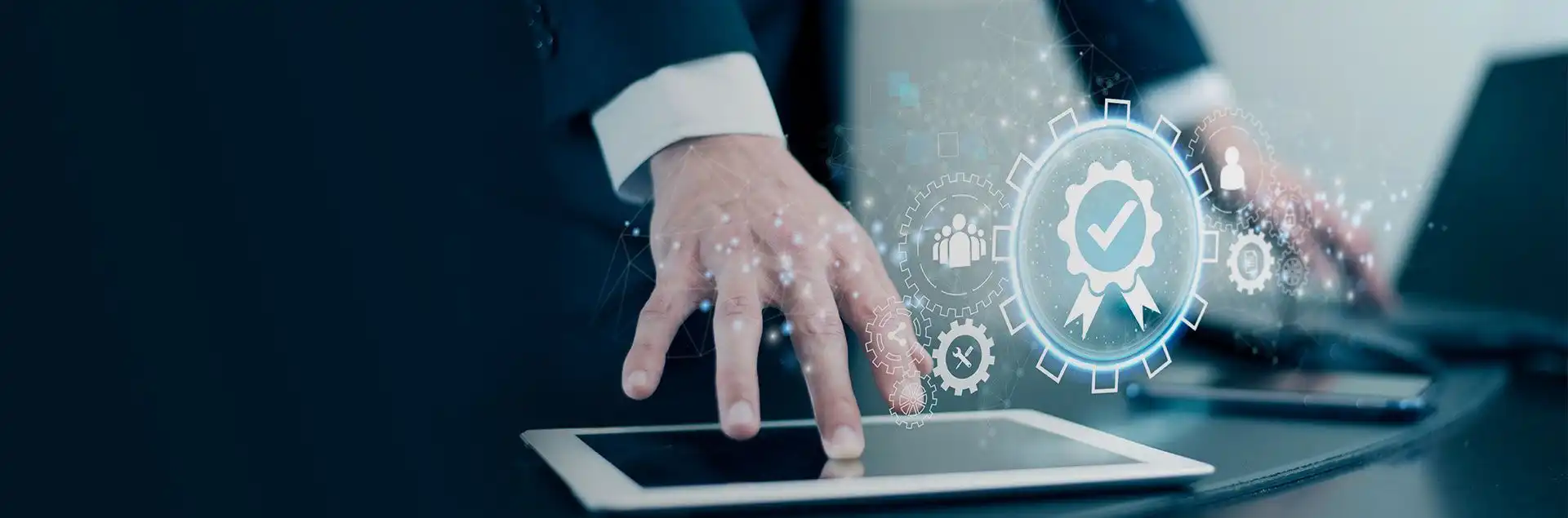 Governance and ethics banner with abstract blue wave design and the text "Governance & Ethics," desktop version.