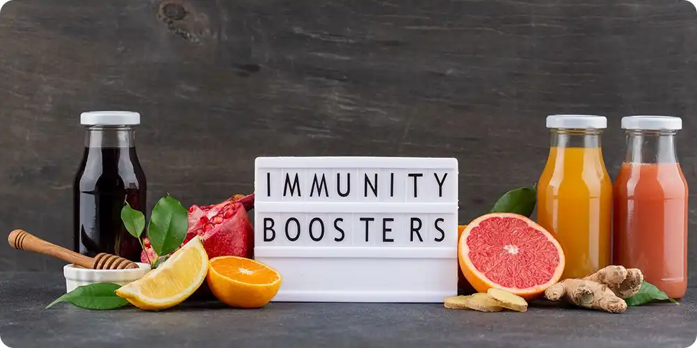 An image of immunity-boosting ingredients like citrus fruits, ginger, and echinacea, arranged to symbolize health and vitality.