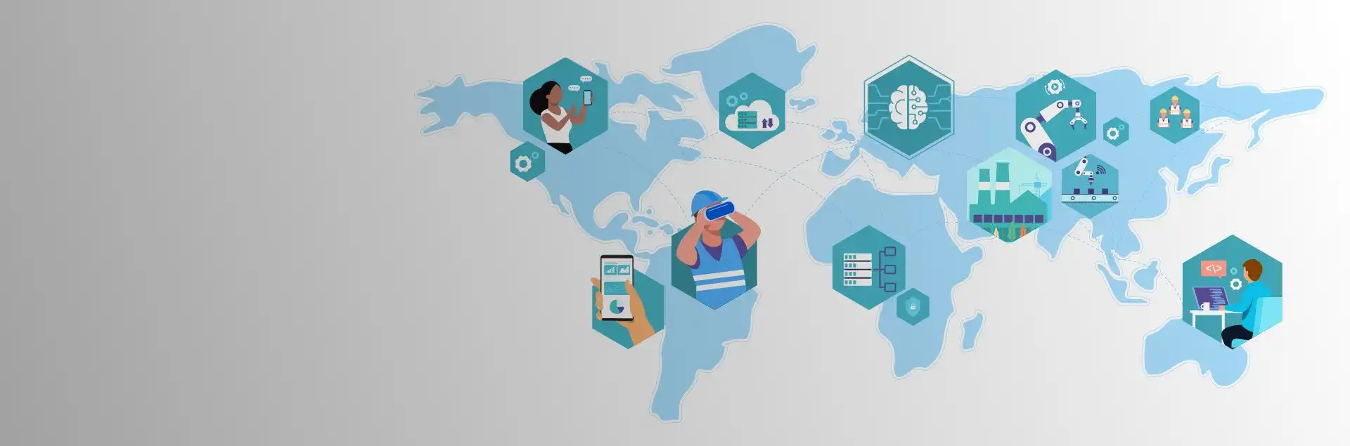 Illustration of a world map representing a global network connected by technology, AI, cloud computing, and industrial automation icons.