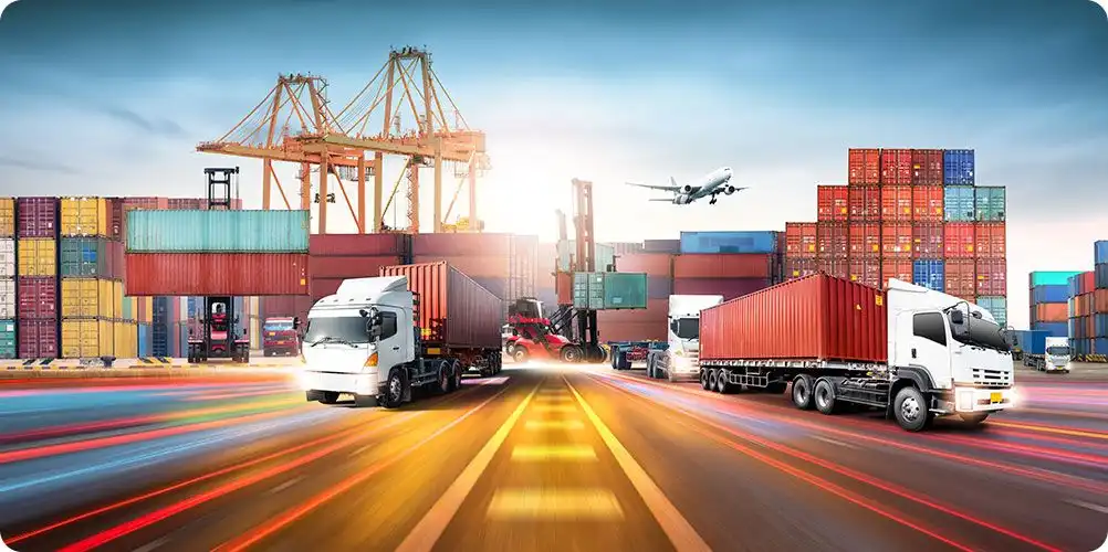 Shipping and logistics banner displaying warehouse shelves stocked with boxes and packages.