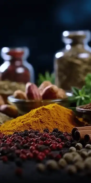 Assorted spices including turmeric ,cinnamon and peppercorns with herbs in background.