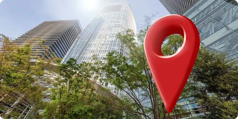 Mobile version of global headquarters facilities banner featuring office buildings and greenery.