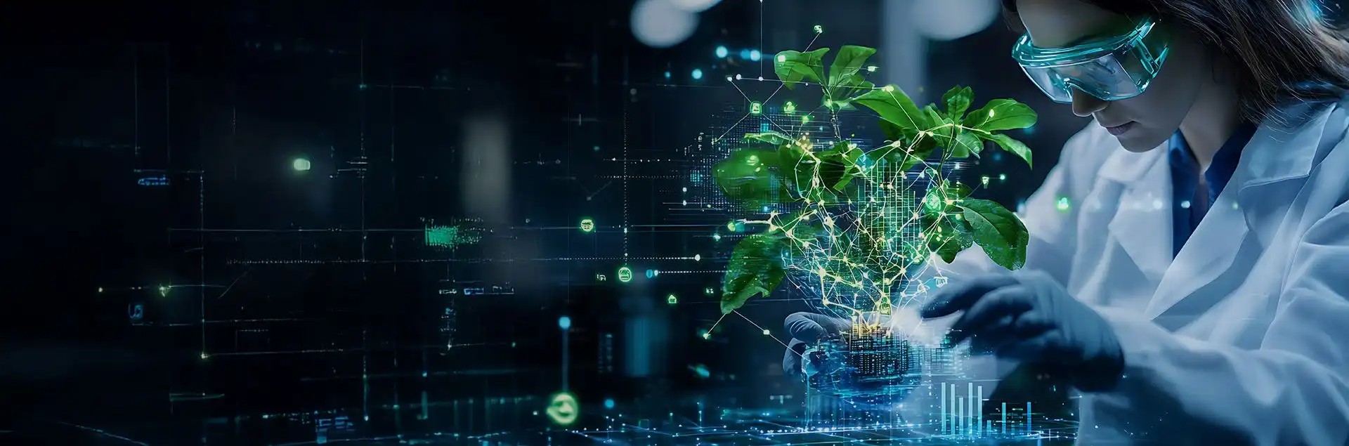A scientist wearing protective goggles and gloves examines a young green plant in a laboratory setting, with digital data and network graphics overlaying the plant to symbolize biotechnology and innovation.