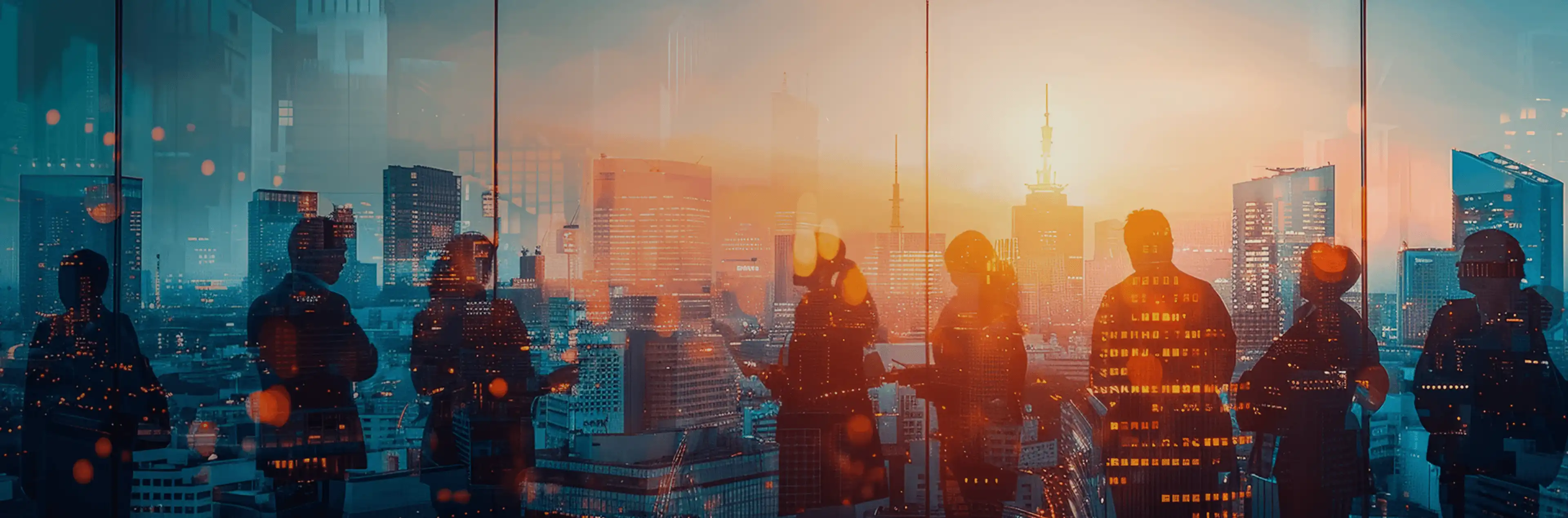 Double exposure of business professionals and a glowing cityscape, symbolizing collaboration and growth.