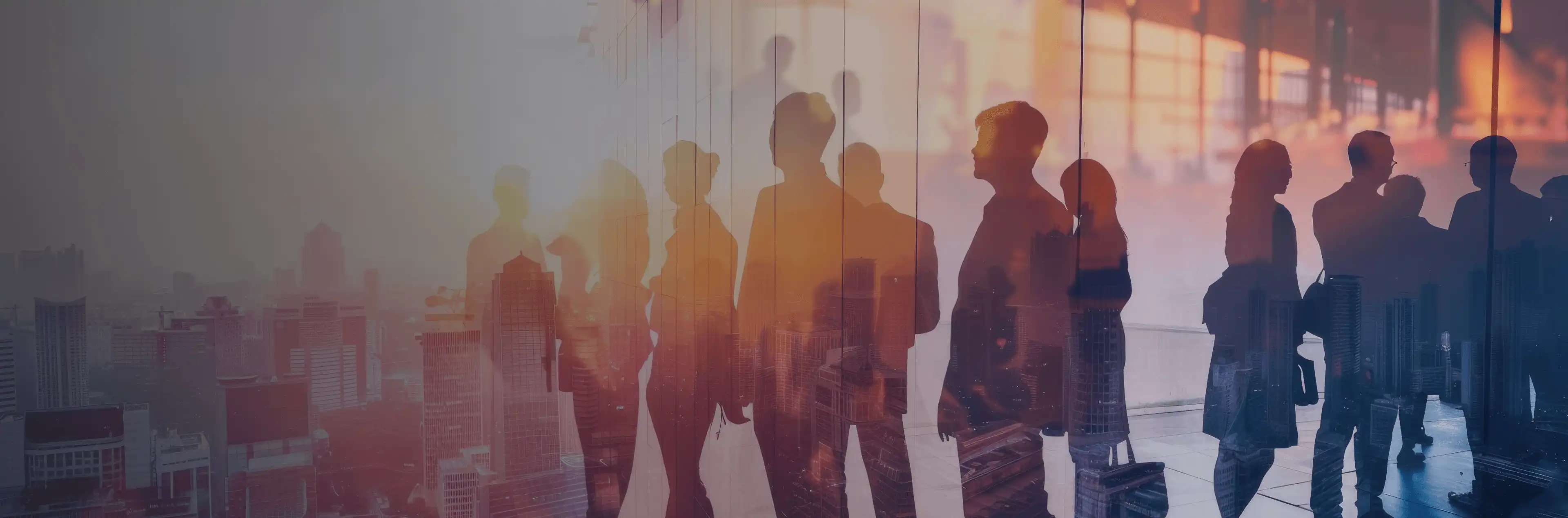 Double exposure of business professionals and a glowing cityscape, symbolizing collaboration and growth.