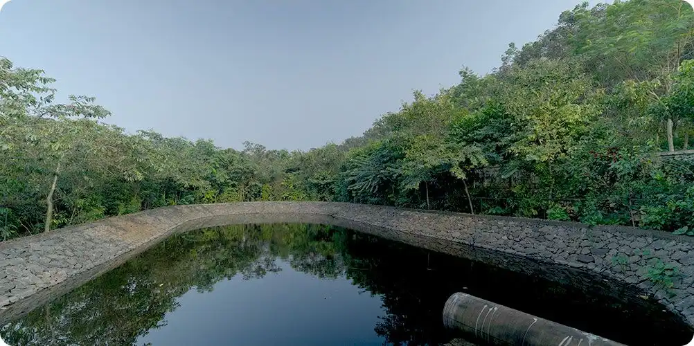 Water conservation projects image showing a couple of traditional wells situated in a dense forest area, illustrating community water management efforts.