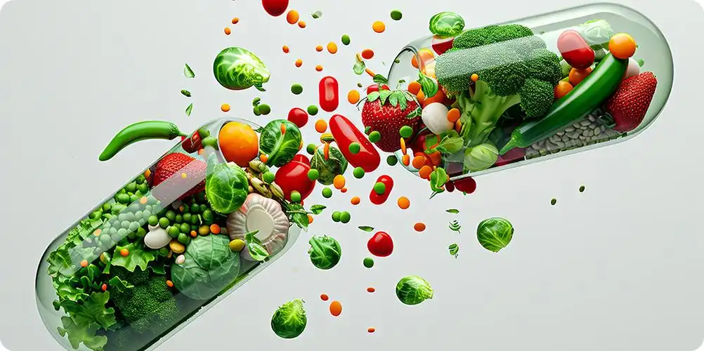 A detailed display of various nutraceutical ingredients like capsules, powders, and raw materials used in dietary supplements.