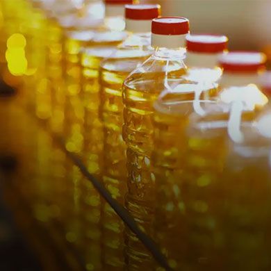 Row of clear plastic bottles filled with golden cooking oil and red caps on a production line.