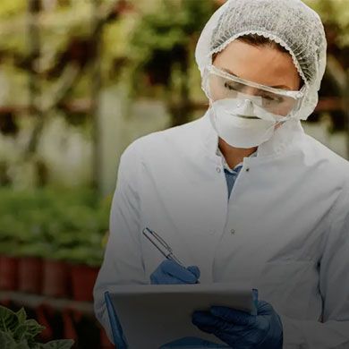 Agricultural scientist in a mask and safety goggles writing notes on a tablet in a greenhouse.