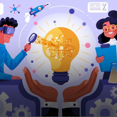 Illustration of two researchers finding an innovative solution, represented by a glowing atomic lightbulb held by supportive hands.