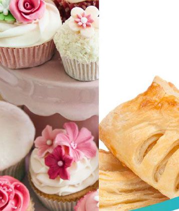 Bakery display with assorted breads and pastries.