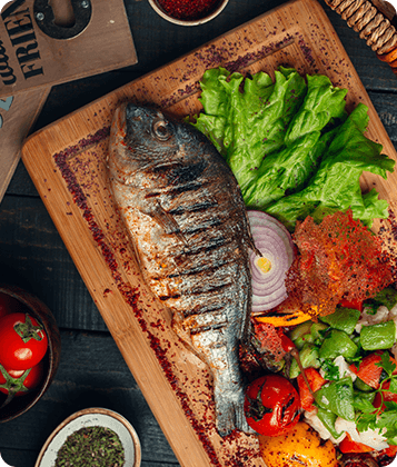 Seafood product packaging and imagery.